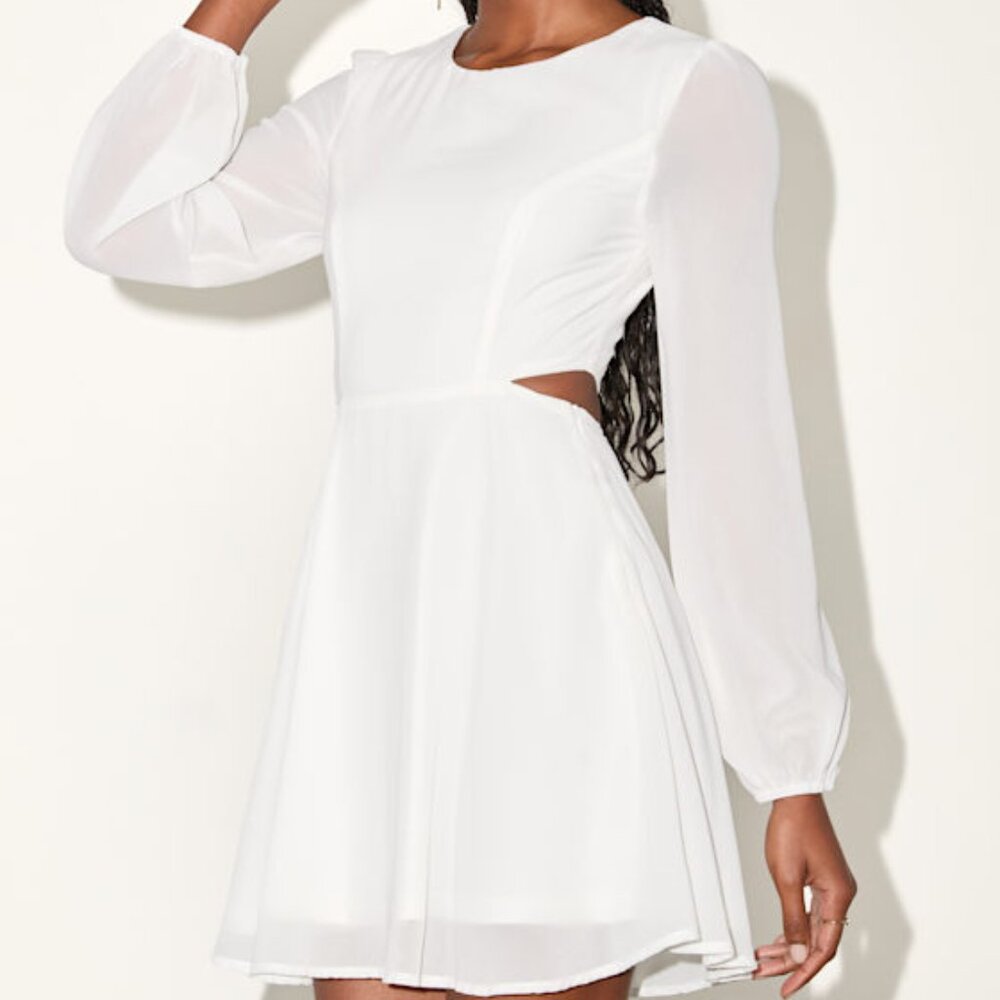 Lulus Garden Bliss White Long Sleeve Cutout Mini Dress - Size S